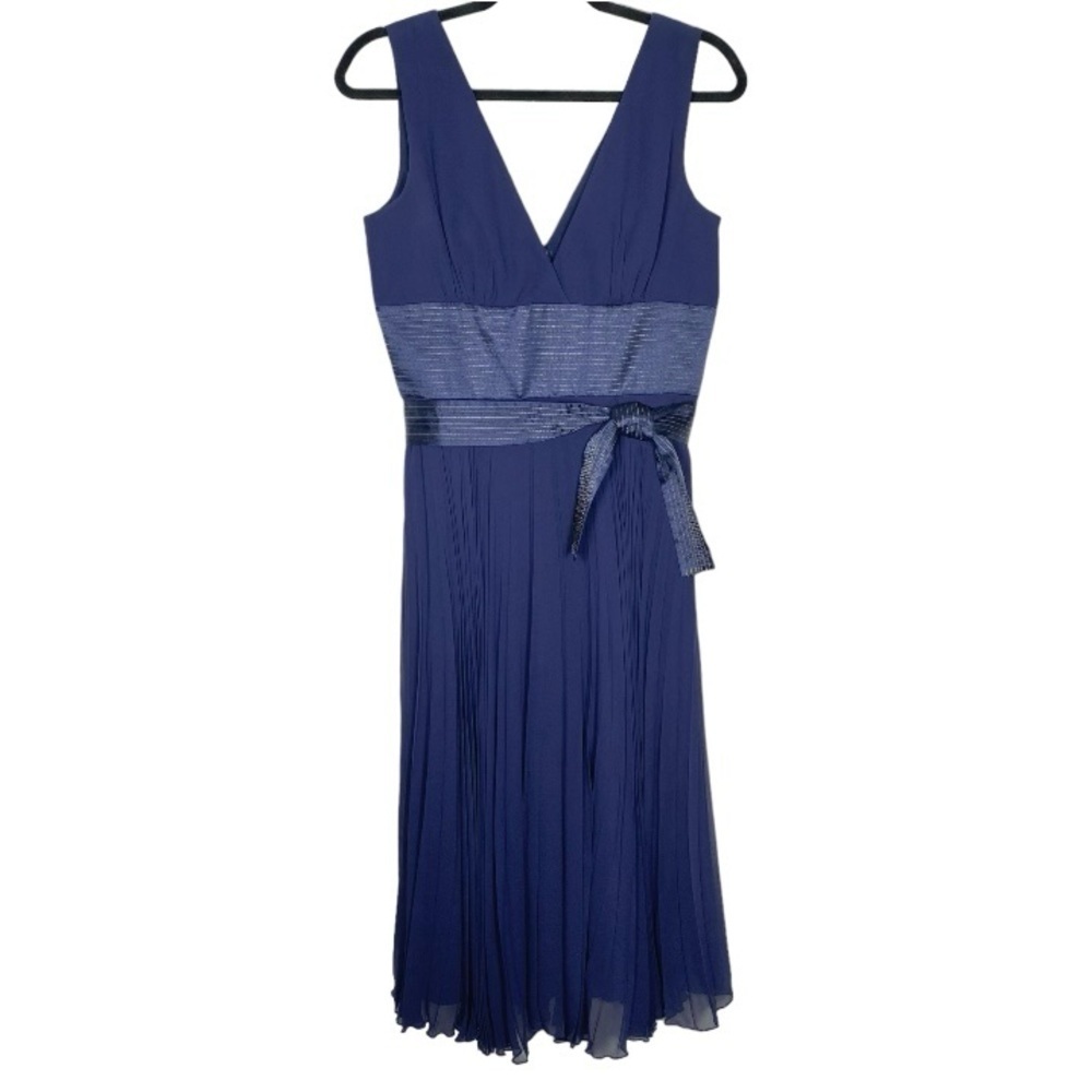 Max & Cleo Navy Blue Pleated Midi Sleeveless Dress Belt size 10 Medium DDC6C71M